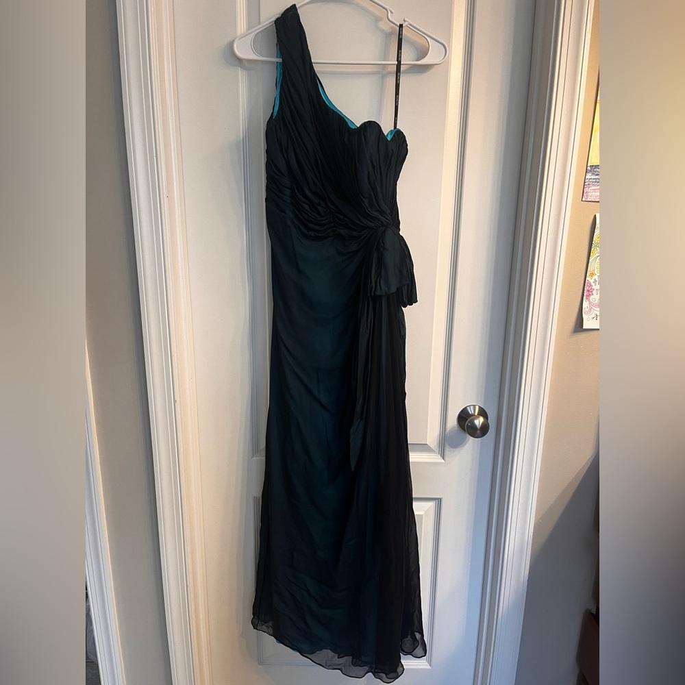 Melinda Eng 100% Silk Y2K one shoulder‎ black dress with teal underlay Size 6